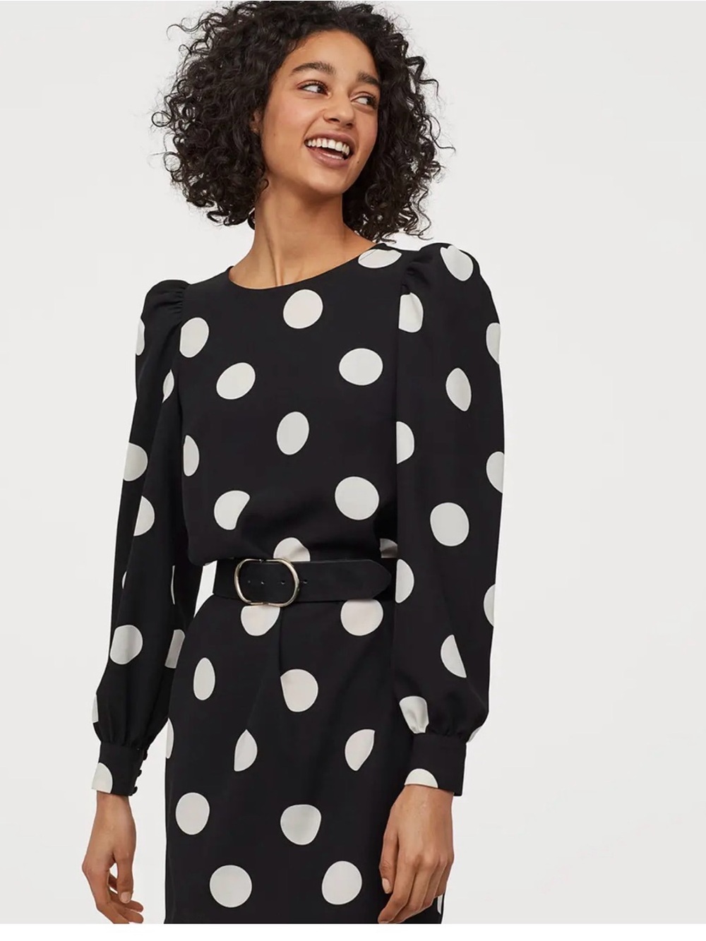 H&M Black & White Long Sleeve Polka Dot Dress Puff Sleeves Small
